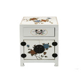 Chinese Off White Vinyl Moon Face Flower Graphic End Table Nightstand ws4931S