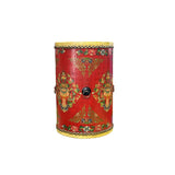 Distressed Red Lotus Tibetan Style Jewel Tower Graphic Round Drum Table ws4984S