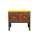 Asian Tibetan Style Floral Graphic Red Green Yellow Console Credenza Table ws4988S