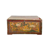 Vintage Distressed Brick Red Brown Lotus Cranes Oriental Wood Trunk Table ws4989S