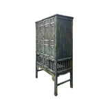 Vintage Distressed Teal Blue Oriental Carving Storage Cabinet ws4991S