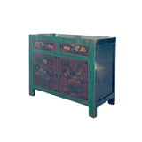 Vintage Distressed Rich Green Red Floral Graphic Credenza Sideboard Cabinet ws5001S