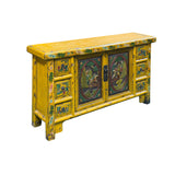 Vintage Chinese Yellow Lacquered Wood Credenza Sideboard Carved Scenic Panels ws5016S