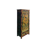 Oriental Tibetan Style Golden Dragon Graphic Tall Slim Storage Cabinet ws5063S