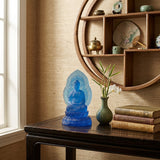 Blue Crystal Glass Sitting Buddha Lotus Base Mandorla Halo Back Statue GB746S