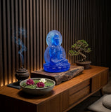 Blue Frosted Crystal Glass Lotus Base 2 Sides Bodhisattva Guanyin Figure GB894S