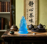 Blue Frosted Crystal Glass Lotus Base 3 Sides Bodhisattva Sanbao Figure GB895S