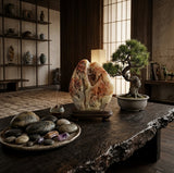 A carved stone sculpture with a landscape scene, displayed on a dark wooden table next to a potted bonsai tree and a plate of decorative stones in a styled interior room.
