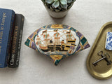 Vintage Western Sailing Ship Graphic Fan Shape Porcelain Trinket Box GB879S