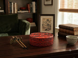 Oriental Asian Black Red Lacquer Round Relief Scenery Accent Box ws5040S