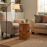 Distressed Light Orange Tibetan Style Jewel Symbol Round Drum Table GB700S