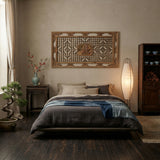 58" Chinese Rectangular Flower Birds Geometric Wood Wall Panel GB769S
