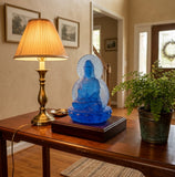 Blue Frosted Crystal Glass Lotus Base 2 Sides Bodhisattva Guanyin Figure GB894S