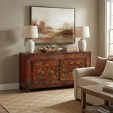Vintage Orange Red Brown Floral Graphic Credenza Sideboard Cabinet ws4314S