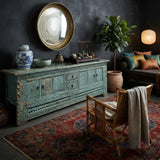 Vintage Distressed Turquoise Geometric Carving Rough Low TV Table Cabinet cs6123S T