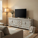 Vintage Distressed White Geometric Carving Rough Low TV Table Cabinet cs6123S W