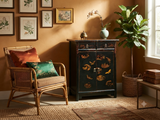 Distressed Black Golden Floral Graphic Tall Side End Table Cabinet ws4992S