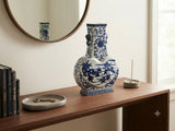 Oriental Blue White Heart Shape Flat Floral Elephant Ring Porcelain Vase ws5062S