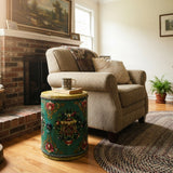 Teal Turquoise Green Tibetan Drum Style Lotus Jewel Graphic Table Stool GB725S
