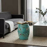 Turquoise Blue Porcelain Flower Birds Round Barrel Stool Table GB793S