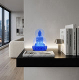 Blue Frosted Crystal Glass Lotus Base 2 Sides Bodhisattva Guanyin Figure GB894S