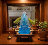 Blue Frosted Crystal Glass Lotus Base 3 Sides Bodhisattva Sanbao Figure GB895S