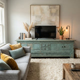 Vintage Distressed Turquoise Geometric Carving Rough Low TV Table Cabinet cs6123S T
