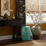 Turquoise Blue Porcelain Flower Birds Round Barrel Stool Table GB793S