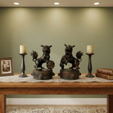 Pair Vintage Rustic Metal Fengshui Foo Dog Lion Drum Base Art Figures GB799S