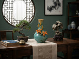 Turquoise Teal Bulbous Round Body Orange Dimensional Lily Flower Art Vase GB863S