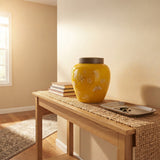 Bright Yellow White Floral Peonies Butterflies Bulbous Porcelain Metal Lid Jar GB816S