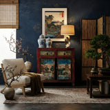 Chinese Distressed Red Blue Old Scenery Graphic Credenza Cabinet cs7393S