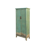 Oriental Distressed Light Teal Green Tall Narrow Noodle Cabinet Armoire GB034S