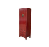 Oriental Slim Red Lacquer Moon Face Narrow Tall Storage Cabinet GB038S