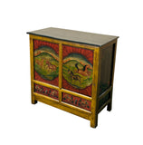 Multi-color Tibetan Horses Deer Motif Credenza Table Cabinet GB047S