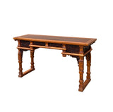 Vintage Two Brown Wood Tone Relief Carving Motif Oriental Console Altar Table GB050S
