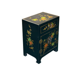 Chinese Black Vinyl Moon Face Flower Birds End Table Nightstand GB062S