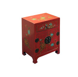 Chinese Red Vinyl Moon Face Flower Birds End Table Nightstand GB063S
