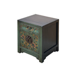 Oriental Distressed Teal Green Flowers Graphic End Table Nightstand GB067S