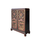 Vintage Oriental Black Red Gold Scenery Carving Storage Cabinet GB101S