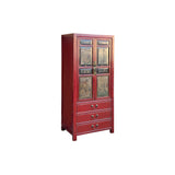 Vintage Oriental Red Beige People Scenery Graphic Storage Cabinet GB157S