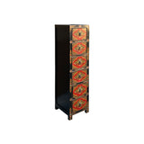 Tibetan Style Red Flower Graphic Slim Narrow 6 Drawers Storage Cabinet GB160S