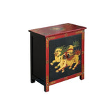 Tibetan Oriental Black Red Foo Dogs Lions End Table Nightstand GB164S