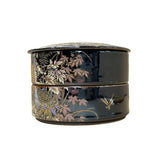 5" Oriental Black Glaze Porcelain Stack Round Box Golden Flower Graphic GB184S