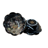 Pair Oriental Black Glaze Porcelain Bowls Golden Flower Graphic GB186S