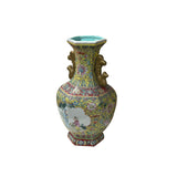 Chinese Yellow Base Hexagon Canton Famille Rose Porcelain Art Vase GB312S
