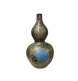 Oriental Purple Blue Gourd Shape Floral Graphic Porcelain Art Vase GB592S /cs2784