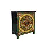 Tibetan Style Green Floral Mandala Graphic End Table Nightstand GB593S