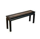 Distressed Rustic Black Lacquer Rattan Narrow Wood Bench Table GB617S