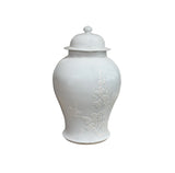 White Monochrome Round Relief Floral Motif Ceramic General Temple Jar GB681S